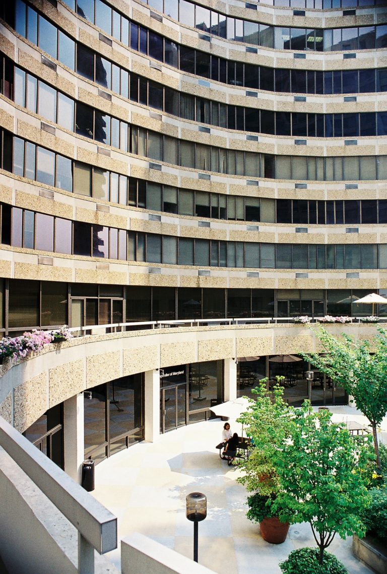 A circular home with a courtyard.