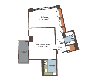 A floor plan of a one bedroom apartment.