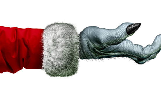 A festive Santa Claus hat adorned with claws, supporting a holiday food drive.